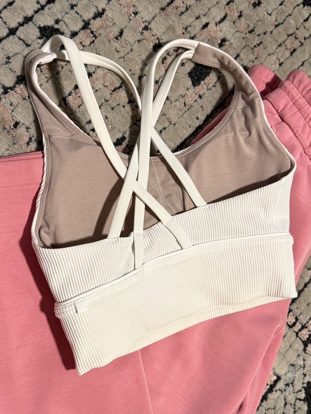 Lululemon Ribbed White longline Sports Bra with Crisscross strappy Back
